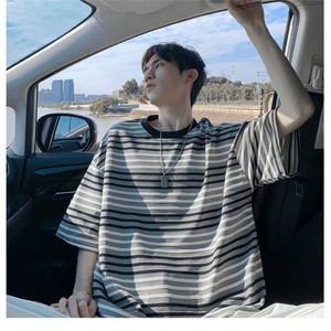 C540P35夏季新款圆领t恤韩版男生条纹宽松短袖潮流凉感舒适半袖男图片