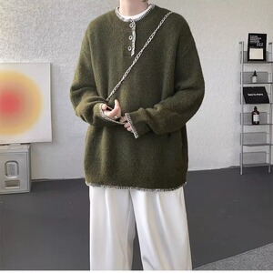 M270-P58 军绿色亨利领毛衣男秋冬氛围感羊毛衫美式高级感慵懒风图片