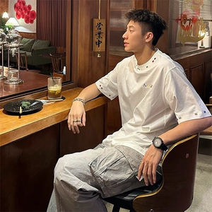 万针全刺绣工艺 高品质260克双纱纯棉美式高街短袖T恤 特P33图片