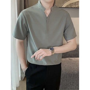 男士短袖t恤男款立领polo衫夏季美式日系冰丝抗皱半袖衣服 P06图片