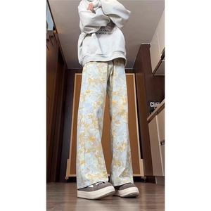 美式扎染满印牛仔裤男款潮牌水洗弯刀裤直筒微喇长裤CT111图片