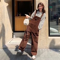 港风复古咖色灯芯绒背带裤女2025春秋季新款韩系学院风显瘦连体裤，女装连体裤，2C158