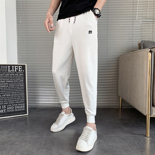 休闲裤男秋季新款韩版修身网红同款束脚裤刺绣针织运动长裤哈伦裤，女装休闲裤，电商A327