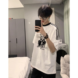 夏季美式高街重磅纯棉三条杠织带撞色男女短袖T恤ZD511-特P30图片