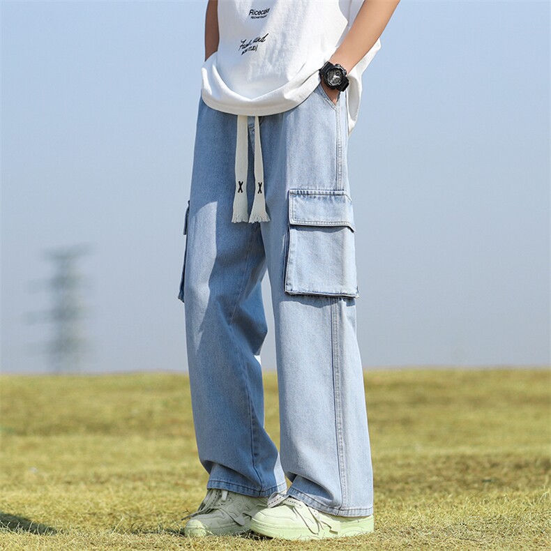 美式工装牛仔裤男2024春季大口袋高街阔腿裤子潮-BK801-P48浅蓝图片