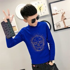 骷髅烫钻针织衫毛衣冬季社会小伙男半高领打底衫C301B-MY18图片