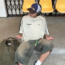 抖音得物高品质二开240克宽松纯棉美式潮牌三条杠织带短袖T恤，男装T恤，电商A486