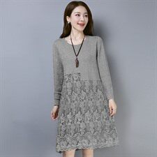 优雅蕾丝拼接长袖连衣裙显瘦气质女装，女装连衣裙，江忆布依