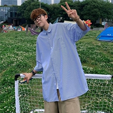 夏季文艺格子五分袖气质百搭潮流男标准青春流行拼色衬衫，男装衬衫，星座716-4