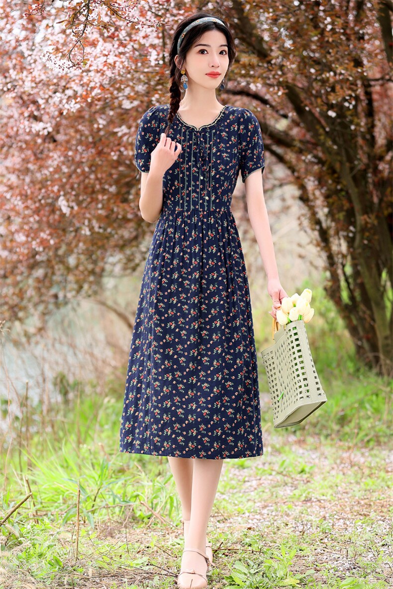 20222022年夏季气质优雅印花棉连衣裙,女装连衣裙,金典明美