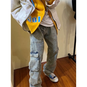 1506/Q1780/P61美式复古洗水拼接直筒大口袋休闲宽松微喇长裤子,背带裤牛仔服穿搭图片