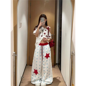 【现货】D5322-特批39美式复古星星印花休闲裤女宽松显瘦百搭裤图片