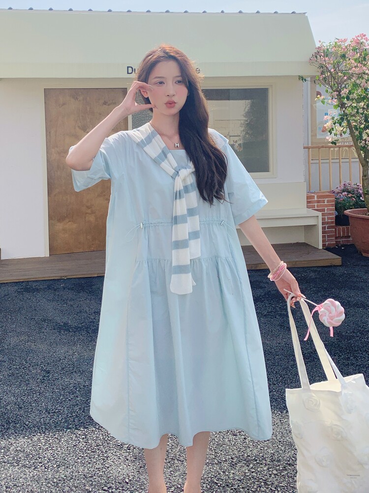 蓝色条纹披肩连衣裙女夏季2025新款小个子宽松韩系爆款衬衫裙流行,女装连衣裙,蝶眷