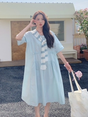 蓝色条纹披肩连衣裙女夏季2025新款小个子宽松韩系爆款衬衫裙流行，女装连衣裙，蝶眷