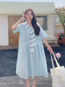 蓝色条纹披肩连衣裙女夏季2025新款小个子宽松韩系爆款衬衫裙流行图片