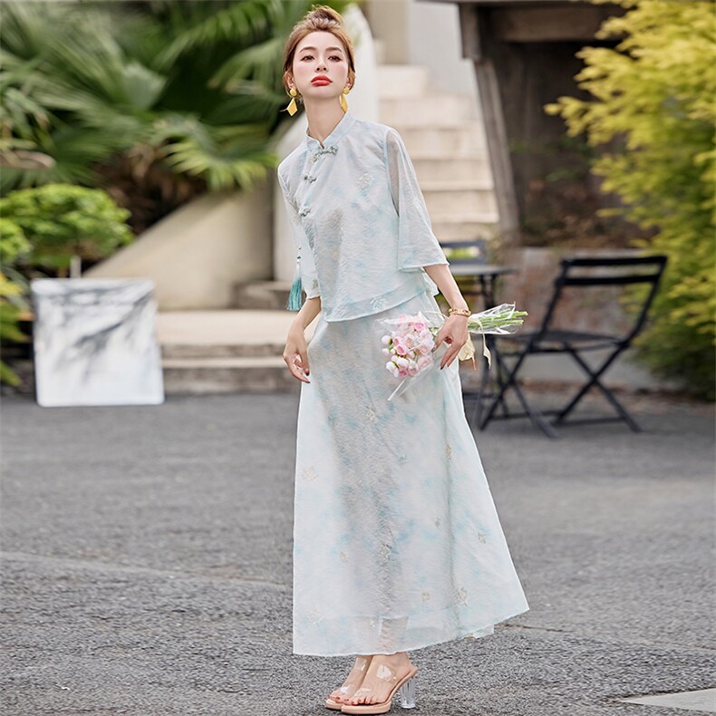 芷墨春夏新款新中式复古设计感套装两件套透气百搭中袖上衣裙子女,女装套装/套裙,芷墨服饰
