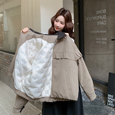 现货新款韩版时尚宽松休闲荷叶边羽绒服90绒外套女减龄白鸭绒上衣，女装派克服，韩然一族