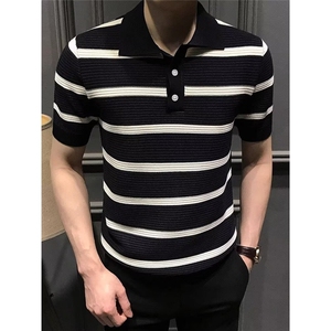 夏季高级条纹短袖polo衫男时尚百搭修身翻领T恤潮流商务痞帅体恤图片