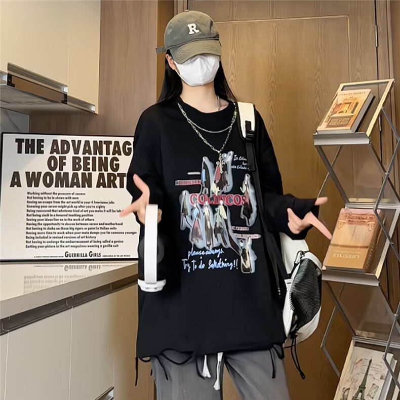 特P中性港风女模宽松时尚个性印花长袖圆领项链T恤CT011P45控75,男装T恤,电商A268