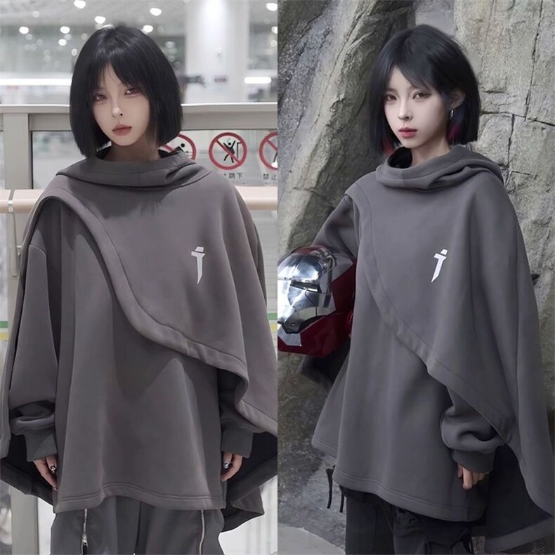 秋季新款机能风高领斗篷卫衣男女连帽假两件套头外套WL9800-P43图片