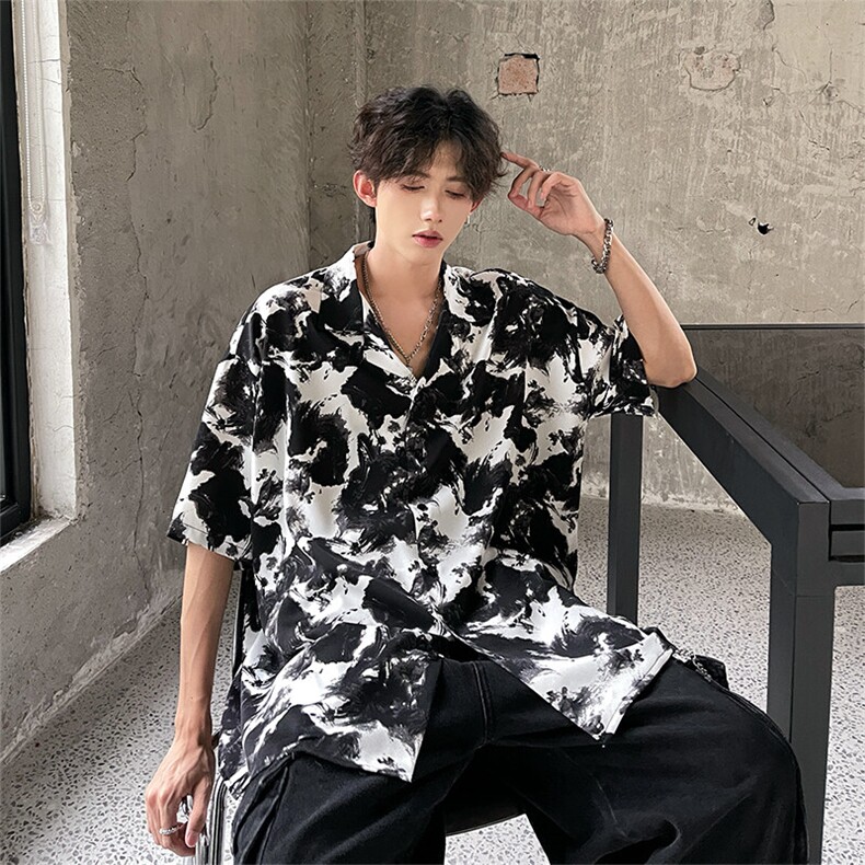 现货  潮男短袖衬衫五分袖冰丝花衬衣  A071-C100-P38图片