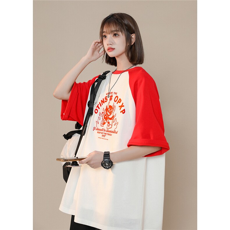2025夏季新款美式卡通字母印花中性插肩袖拼接T恤T1005/P35控49,男装T恤,电商A148-1