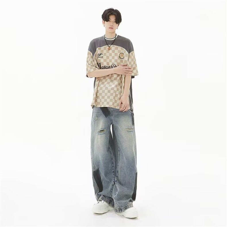 美式复古水洗破洞阔腿牛仔裤女春秋新款设计感宽松L9005/P78，女装牛仔裤，星座506