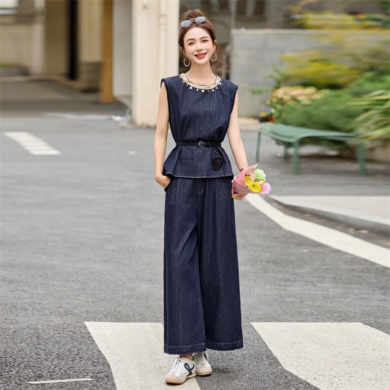 夏季薄款2025新款藏青色复古牛仔套装女无袖背心阔腿裤气质两件套,女装套装/套裙,瑶迪依秀