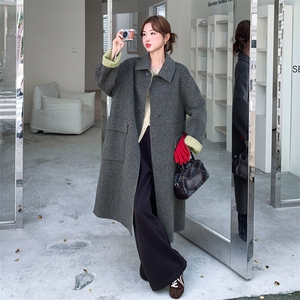 灰色慵懒风翻领双面羊绒大衣女2025冬新款高级感宽松气质毛呢外套图片
