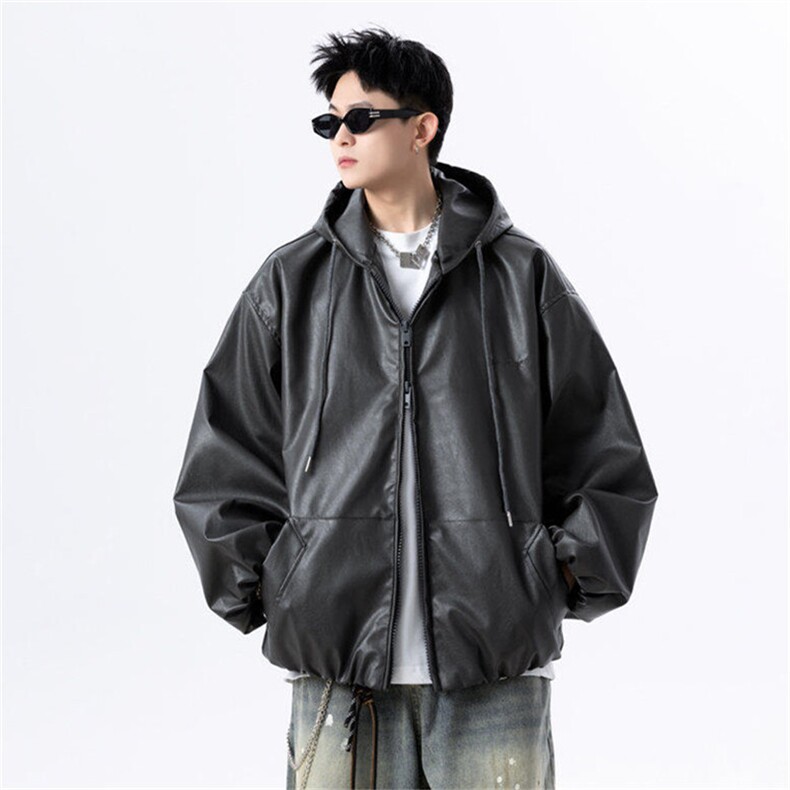 抖音同品质刺绣连帽防水皮衣双开拉链夹克上衣J2507-P90,男装夹克,星座1213