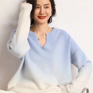 羊绒衫女拉绒渐变色V领山羊绒毛衣秋冬季宽松百搭针织保暖打底衫图片