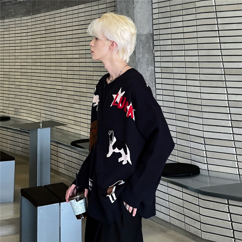 美式复古趣味卡通小狗刺绣针织开衫外套慵懒风毛衣12850-63,男装针织衫/毛衣,电商C307