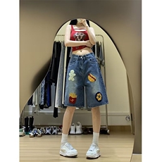 美式复古汉堡薯条毛巾绣牛仔短裤男女夏季潮牌宽松高街阔腿五分裤，男装牛仔裤，星座1210-1