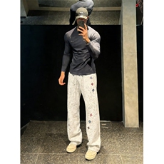 春季美式重磅刺绣弯刀卫裤男阔腿运动裤子垂感休闲长裤LC3411-P39，男装休闲裤，星座1008