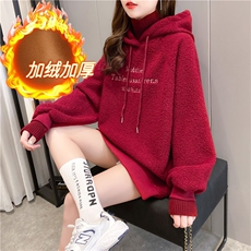 360克羊羔绒刺绣高领卫衣女冬连帽加绒加厚大码女装，女装卫衣/绒衫，潮品会