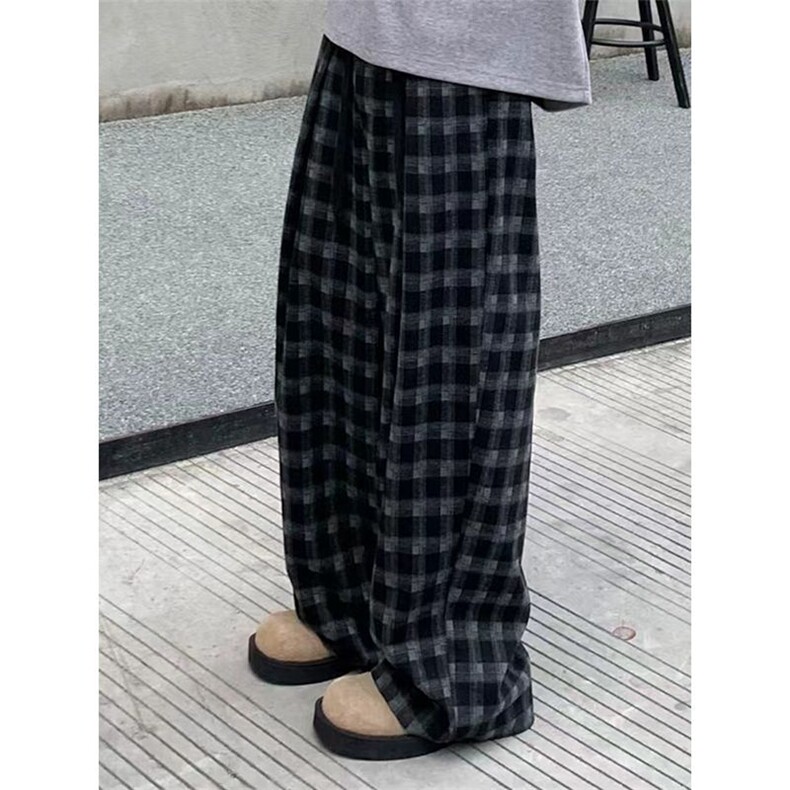 网图美式复古黑白格子慵懒风阔腿弯刀a字垂感休闲裤310A-K17-P40,男装休闲裤,四季星座310A