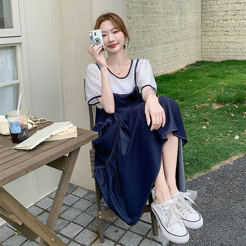 韩系穿搭蓝色拼接吊带连衣裙女夏超火休闲小众漂亮鱼尾假两件裙子,女装连衣裙,浪娴服饰