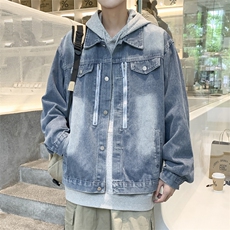 痞帅牛仔夹克男春秋潮牌ins连帽宽松百搭外套假两件上衣JK108-P70，男装夹克，星座308B-1