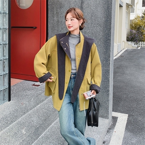 复古拼接连帽中长款外套女2025年秋冬季新款韩系休闲保暖毛呢上衣图片