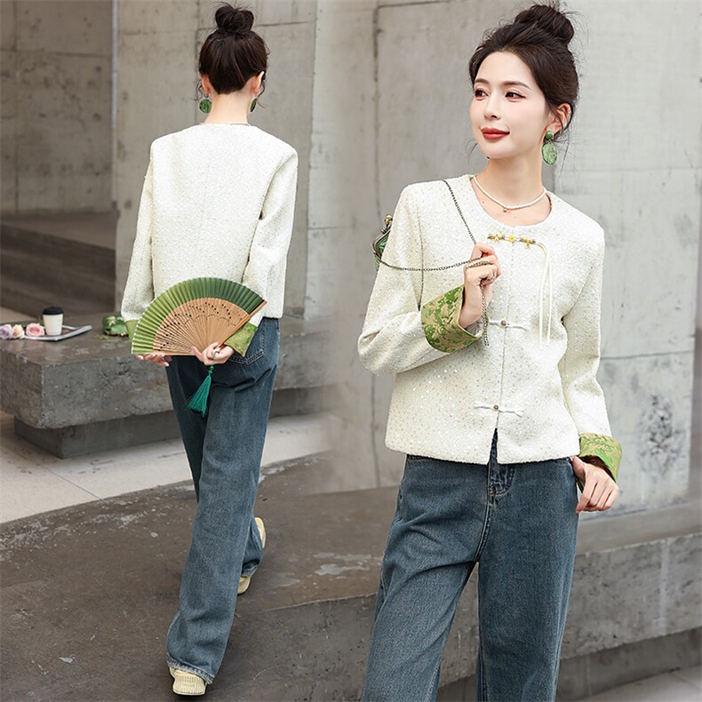 亮片新中式小香风外套女2025春秋新款小个子国风复古盘扣短款上衣，女装短外套，墨羽桐