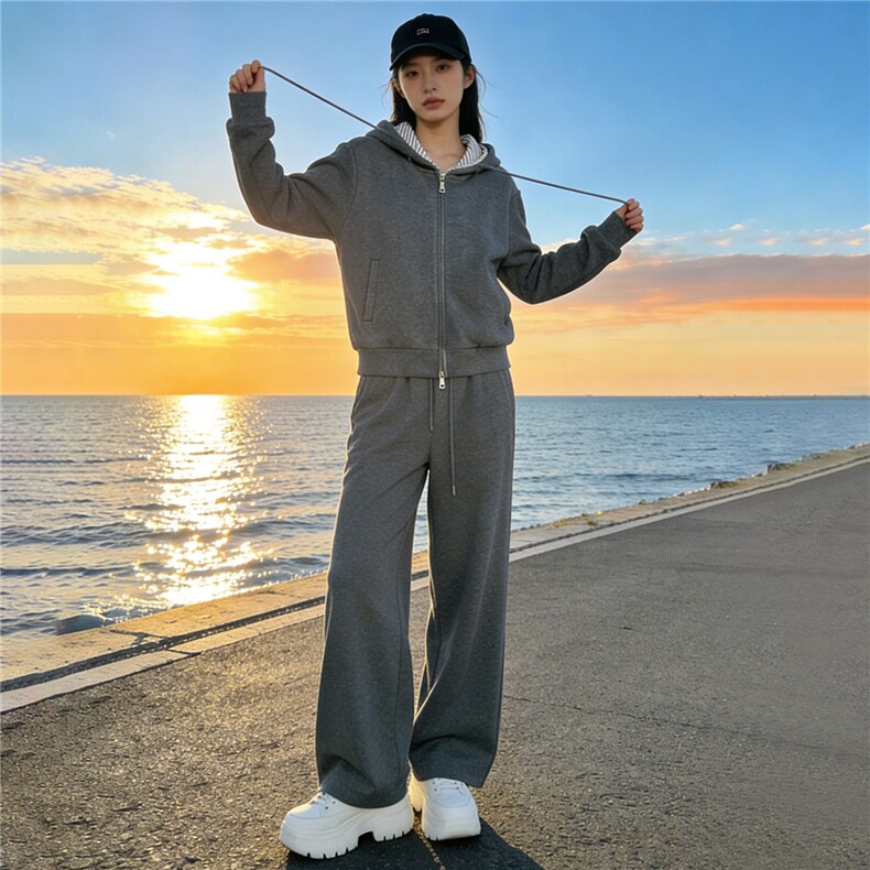 运动休闲时尚套装女春季新款假两件拉链开衫连帽卫衣直筒裤两件套,女装套装/套裙,江南
