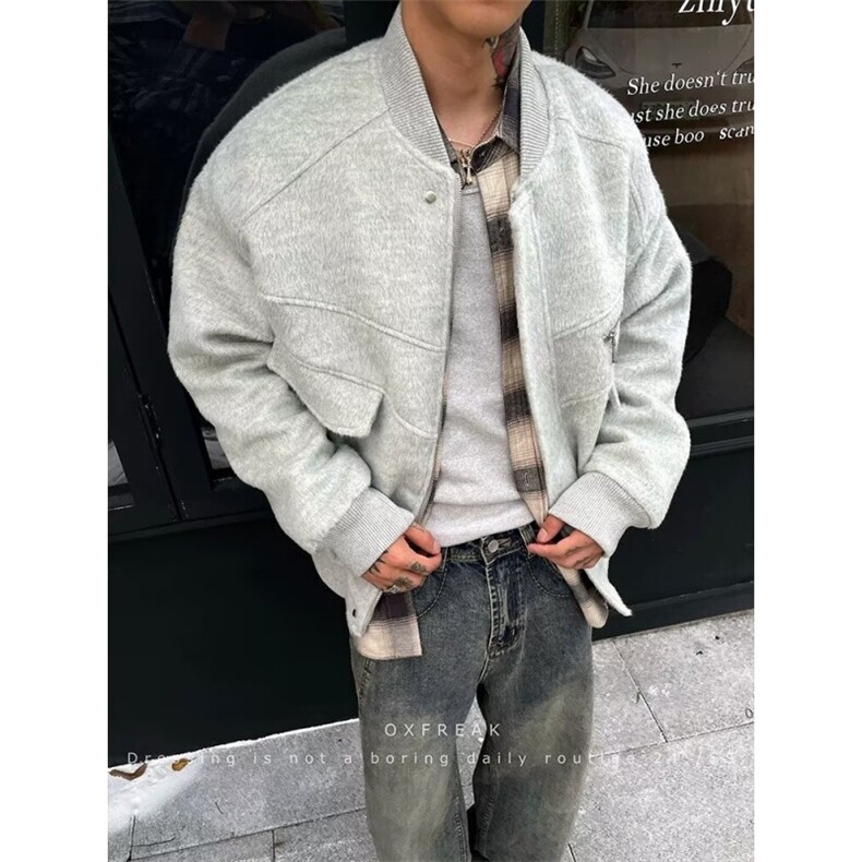 美式潮流夹棉毛呢棉服外套男冬季落肩宽松呢料棉衣夹克,男装棉衣,星座506A