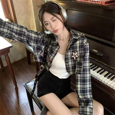 复古粉色格子衬衫外套女春夏小众设计感宽松慵懒风防晒衬衣上衣，男装衬衫，星座1210-1