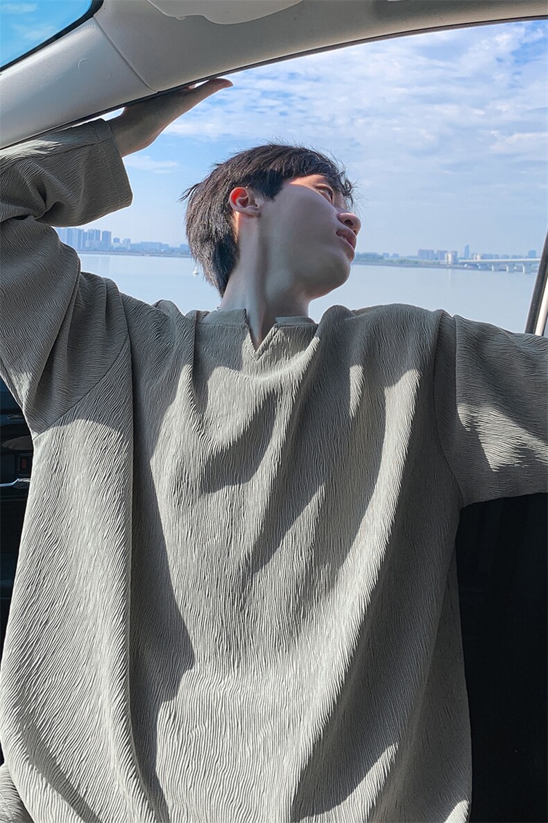 T5112改长袖T51121百搭V领纹理感时尚宽松长袖T恤男-特P24控48,男装T恤,电商A001