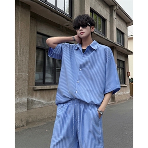 时尚套装男慵懒风条纹蓝色短裤长袖衬衫套装潮流时尚套装特P55