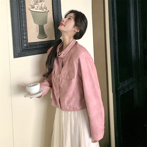 美拉德咖色皮衣短外套女春秋2025新款复古立领机车服休闲夹克上衣图片