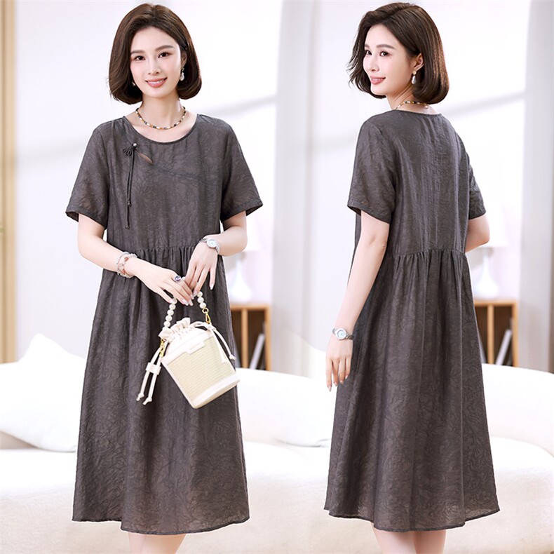 天丝麻连衣裙2025夏季新款短袖中长款新中式复古宽松大码胖MM裙子，女装连衣裙，江忆布依