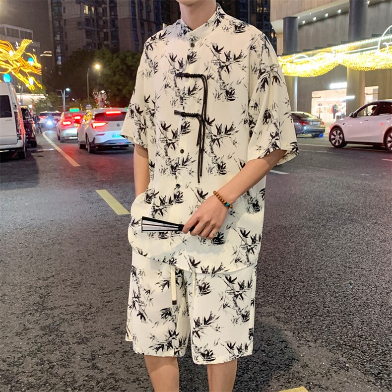 2025夏季新中式冰丝垂感花衬衣宽松休闲五分套装男TZ655-P58控78,男装休闲套装,电商C305A