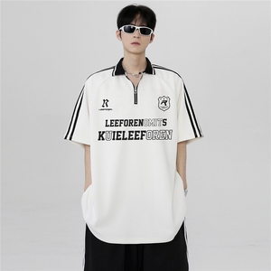 美式复古POLO衫黑白拼接小众半拉链街头短袖T恤男女同款T280-P38