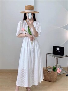 夏季新款初恋气质V领洋气抽绳设计连衣裙图片